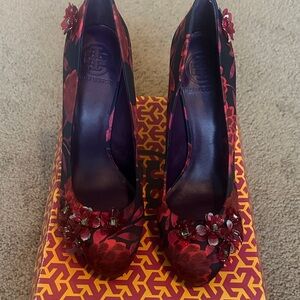 Tory Burch Red Floral Heels with Embellishments